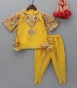 Yellow embroidered cotton silk kurta set