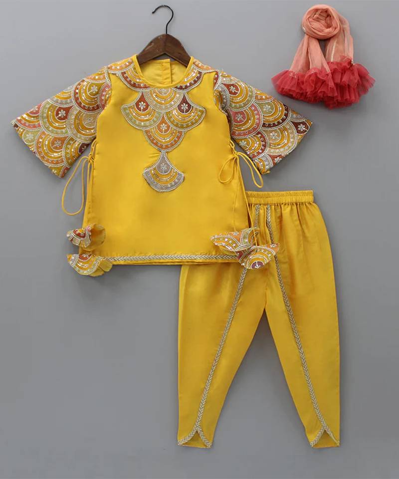 Yellow embroidered cotton silk kurta set