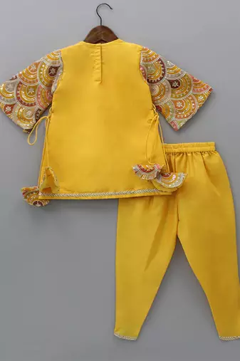 Yellow embroidered cotton silk kurta set