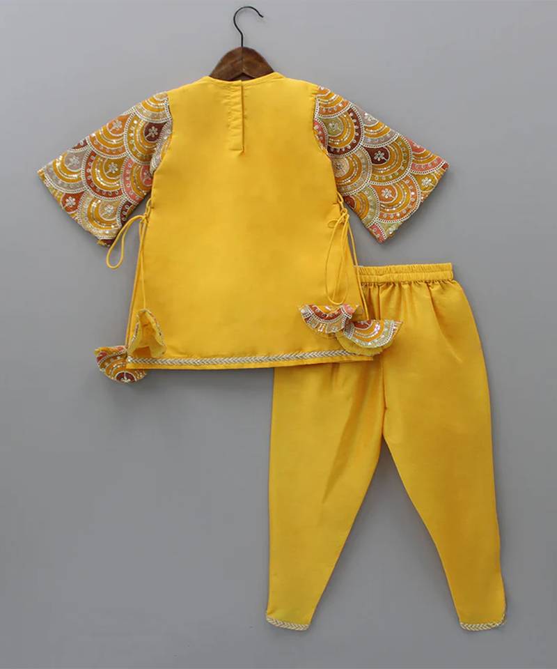 Yellow embroidered cotton silk kurta set