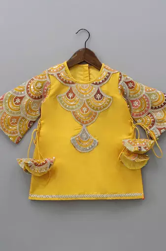 Yellow embroidered cotton silk kurta set
