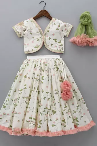 White printed cotton silk lehenga set