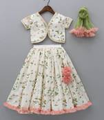 White printed cotton silk lehenga set