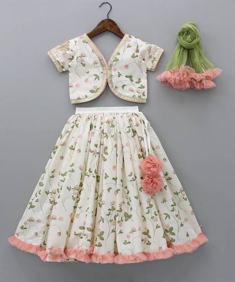 White printed cotton silk lehenga set