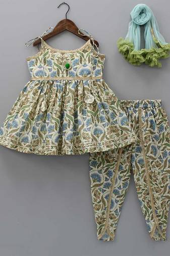 Multicolor printed cotton silk dhoti set