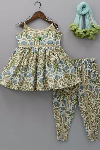 Multicolor printed cotton silk dhoti set