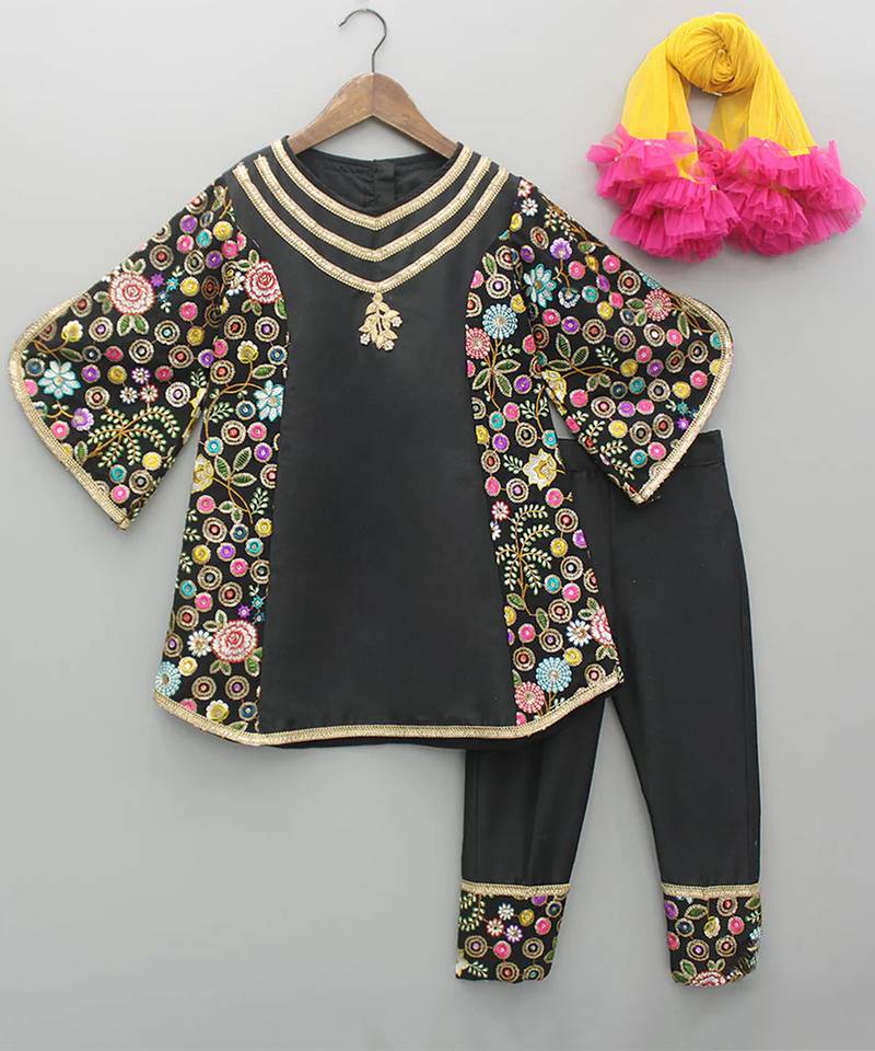 Black embroidered cotton silk kurta set
