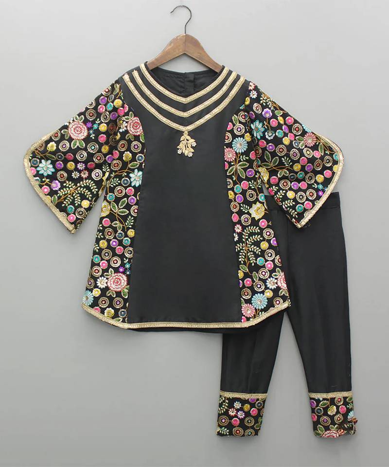 Black embroidered cotton silk kurta set