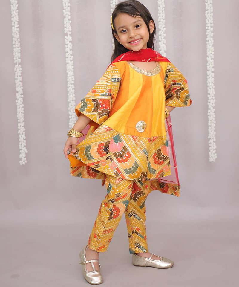 Orange embroidered cotton silk anarkali set