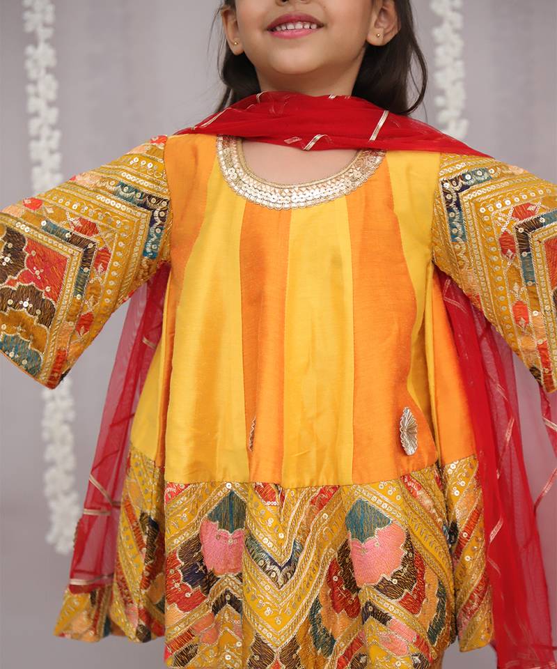 Orange embroidered cotton silk anarkali set