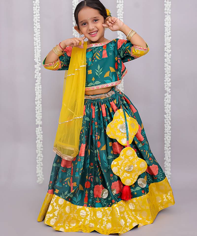 Multicolor printed cotton silk lehenga set