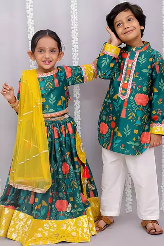 Multicolor printed cotton silk lehenga set