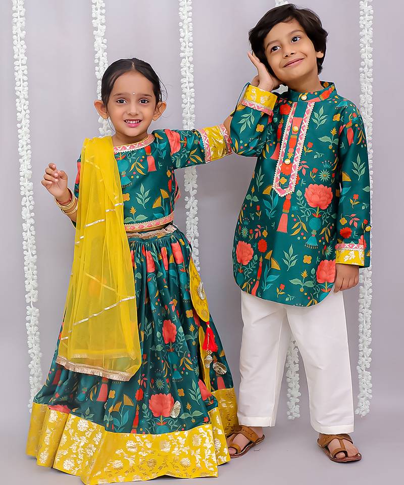 Multicolor printed cotton silk lehenga set