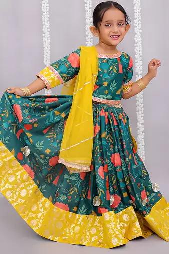 Multicolor printed cotton silk lehenga set