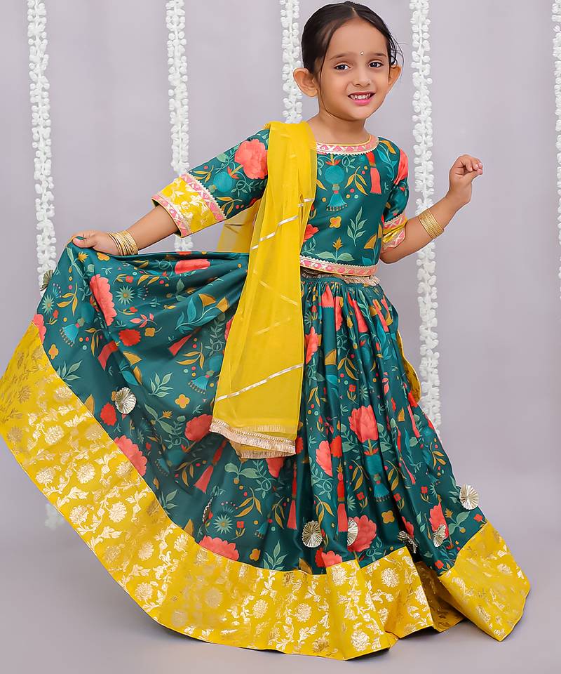 Multicolor printed cotton silk lehenga set