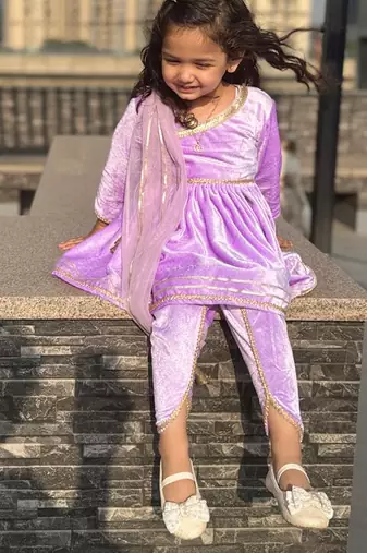 Purple velvet kurta set