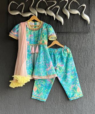 Blue printed cotton silk kurta set 1
