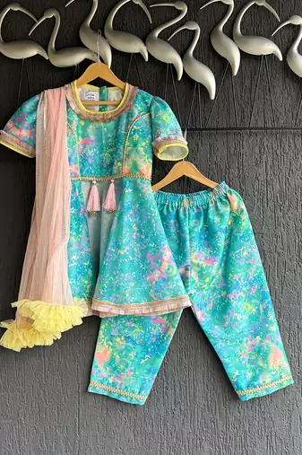 Blue printed cotton silk kurta set