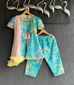 Blue printed cotton silk kurta set