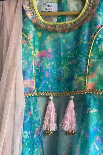 Blue printed cotton silk kurta set