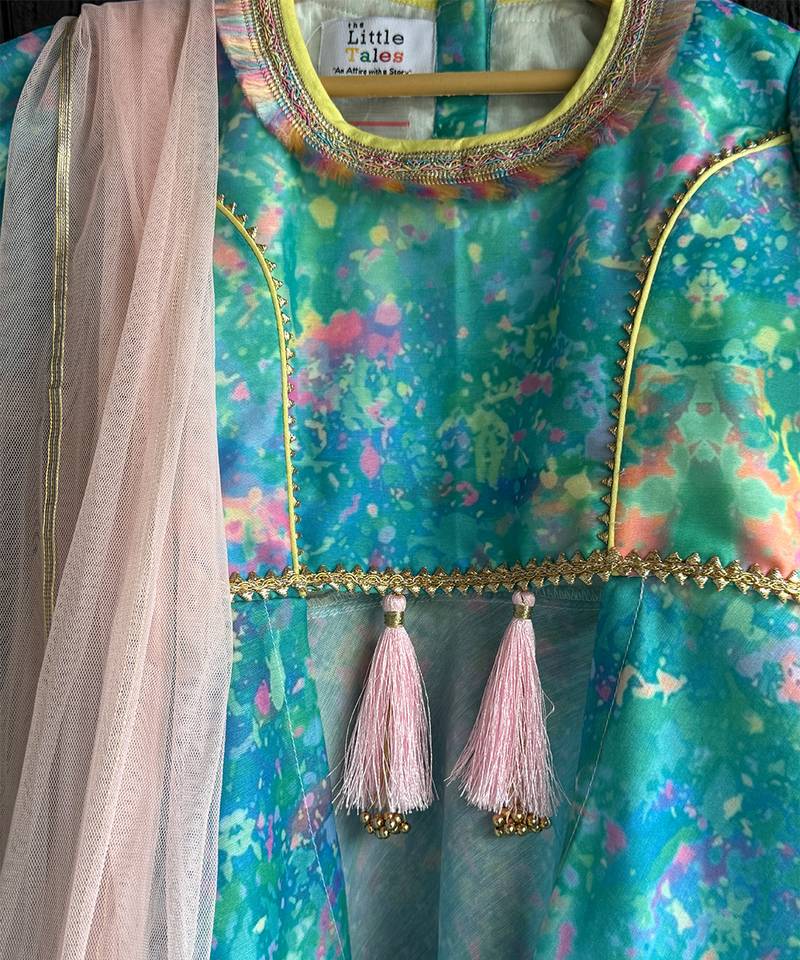 Blue printed cotton silk kurta set