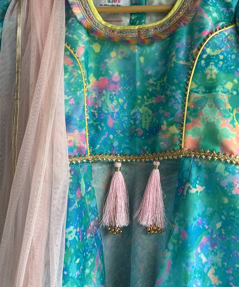 Blue printed cotton silk kurta set