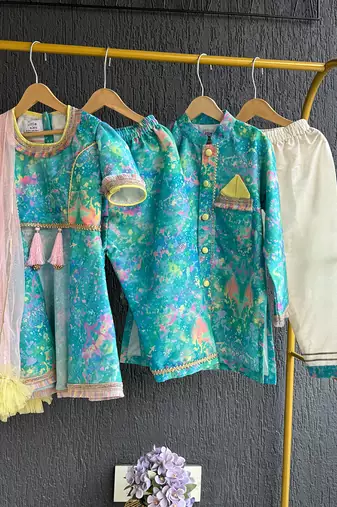 Blue printed cotton silk kurta set