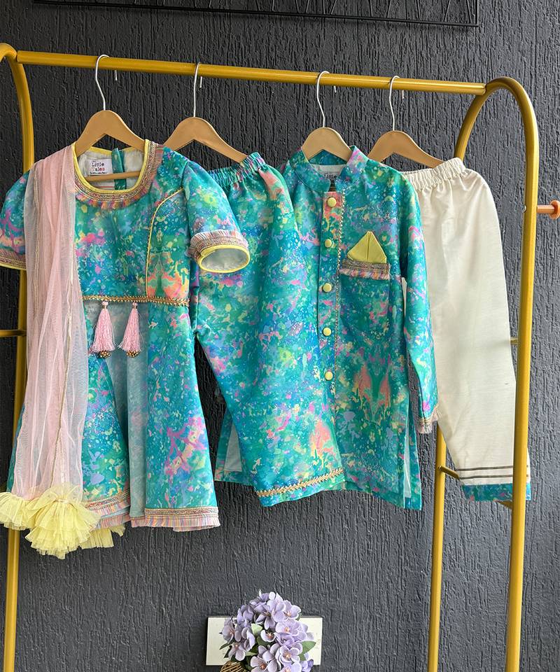 Blue printed cotton silk kurta set