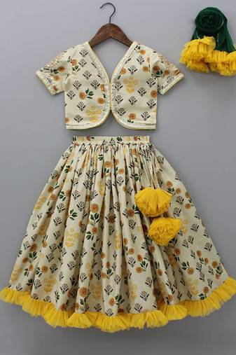 Beige printed cotton silk lehenga set