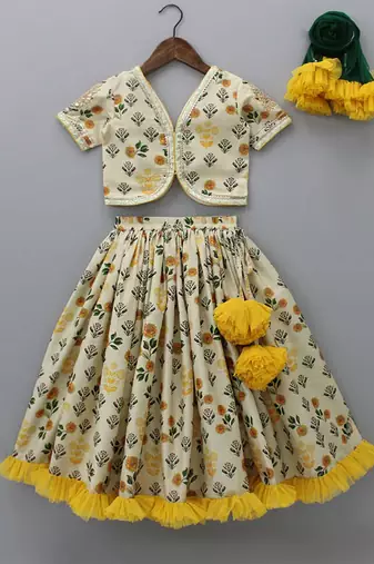 Beige printed cotton silk lehenga set