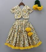 Beige printed cotton silk lehenga set