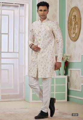 cream banarasi jacquard sherwani for men 1