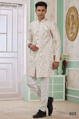 Cream banarasi jacquard semi indo for men