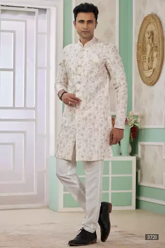 Cream banarasi jacquard semi indo for men