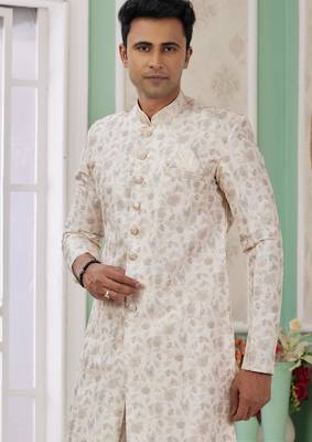 cream banarasi jacquard sherwani for men 2