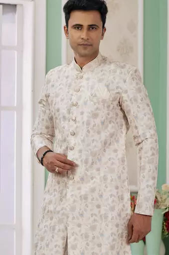 cream banarasi jacquard sherwani for men
