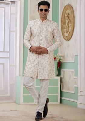 cream banarasi jacquard sherwani for men 3