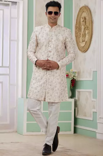 cream banarasi jacquard sherwani for men