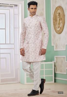 pink banarasi jacquard sherwani for men 1