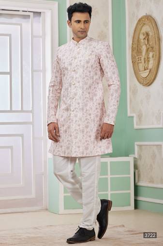 pink banarasi jacquard sherwani for men