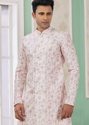 pink banarasi jacquard sherwani for men 2