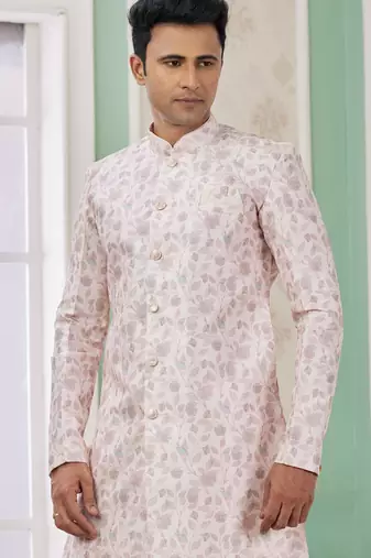 pink banarasi jacquard sherwani for men