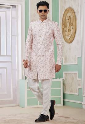 pink banarasi jacquard sherwani for men 3