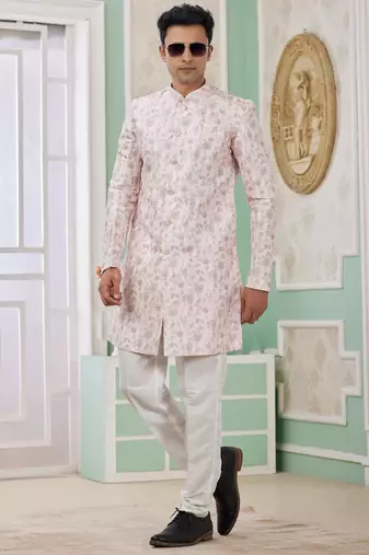 pink banarasi jacquard sherwani for men