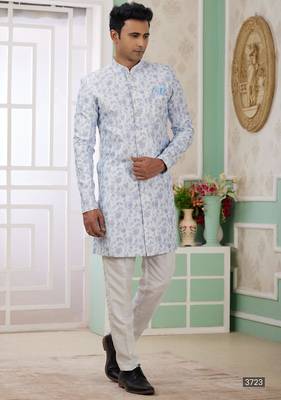 blue banarasi jacquard sherwani for men 1