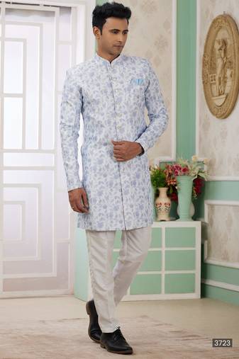 Blue banarasi jacquard semi indo for men