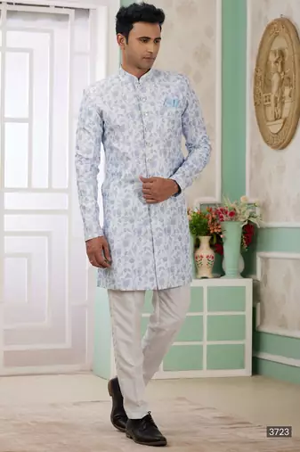 Blue banarasi jacquard semi indo for men