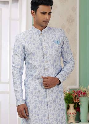 blue banarasi jacquard sherwani for men 2