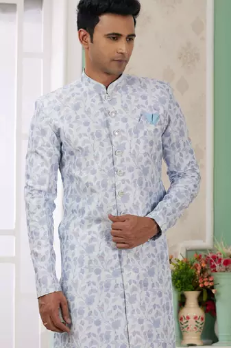 blue banarasi jacquard sherwani for men