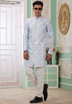 blue banarasi jacquard sherwani for men 3